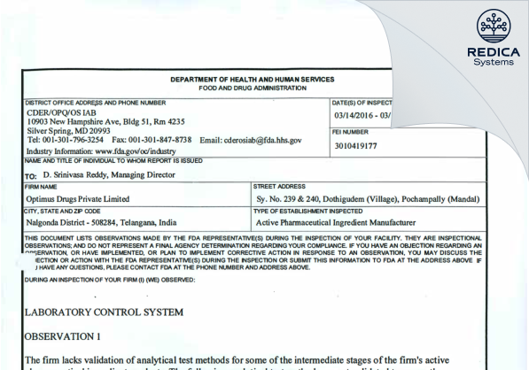 FDA 483 - Optimus Drugs Private Limited [India / India] - Download PDF - Redica Systems