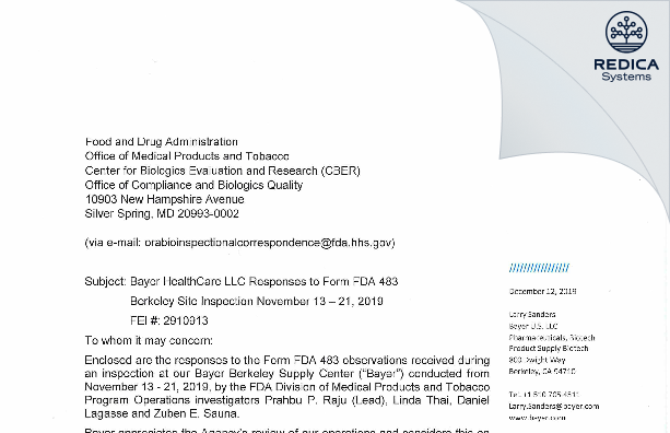 FDA 483 Response - Bayer HealthCare LLC [Berkeley California / United States of America] - Download PDF - Redica Systems