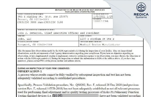 FDA 483 - Koko, LLC [Longmont / United States of America] - Download PDF - Redica Systems
