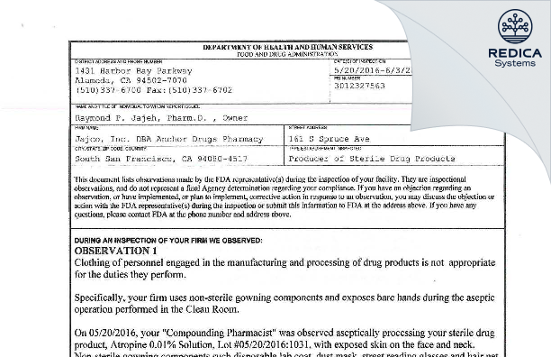 FDA 483 - Jajco, Inc. DBA Anchor Drugs Pharmacy [South San Francisco / United States of America] - Download PDF - Redica Systems