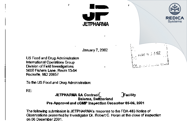 FDA 483 Response - Jetpharma SA [Balerna / Switzerland] - Download PDF - Redica Systems