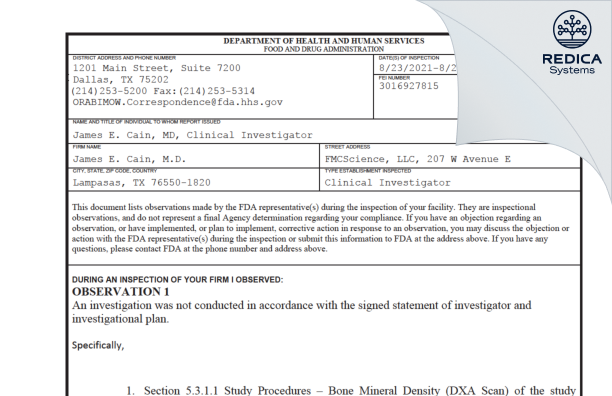 FDA 483 - James E. Cain, M.D. [Lampasas / United States of America] - Download PDF - Redica Systems
