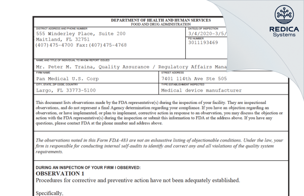 FDA 483 - Pan Medical U.S. Corp [Largo / United States of America] - Download PDF - Redica Systems