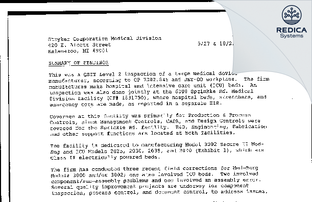 EIR - Stryker Medical Division of Stryker Corporation [Portage / United States of America] - Download PDF - Redica Systems