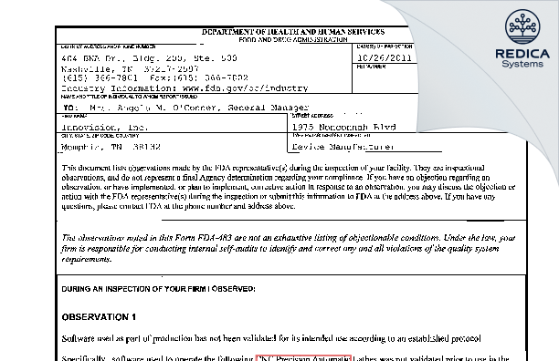 FDA 483 - Innovision, Inc. [Memphis / United States of America] - Download PDF - Redica Systems
