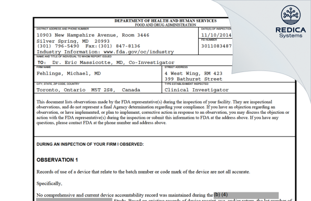 FDA 483 - Fehlings, Michael, MD [Toronto / Canada] - Download PDF - Redica Systems