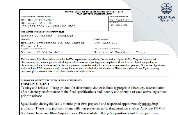 FDA 483 - Mytilini Enterprises LLC dba Bedford Pharmacy Inc. [Bedford / United States of America] - Download PDF - Redica Systems