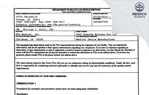 FDA 483 - KFx Medical, Inc. [Carlsbad / United States of America] - Download PDF - Redica Systems