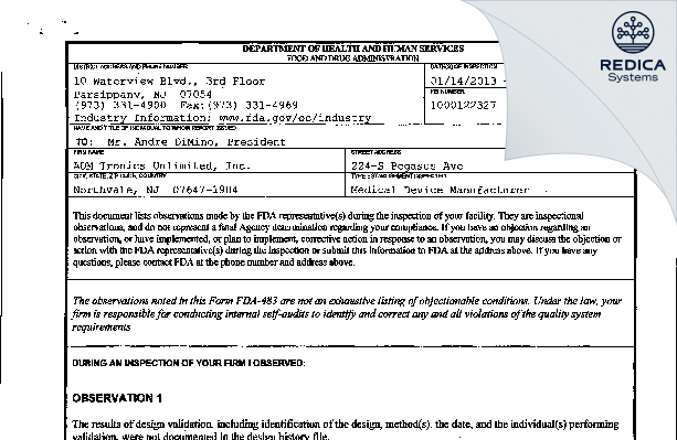 FDA 483 - ADM Tronics Unlimited, Inc. [Northvale / United States of America] - Download PDF - Redica Systems