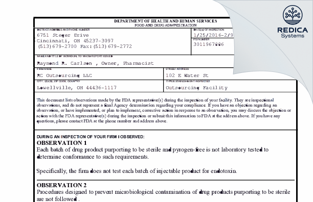 FDA 483 - RC Outsourcing, LLC [Lowellville / United States of America] - Download PDF - Redica Systems