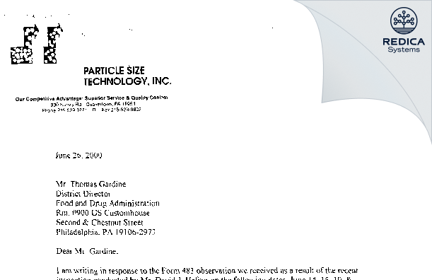 FDA 483 Response - Particle Size Technology Inc [Quakertown Pennsylvania / United States of America] - Download PDF - Redica Systems