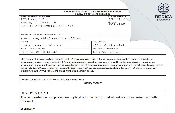 FDA 483 - CUSTOM RESEARCH LABS INC [Gardena California / United States of America] - Download PDF - Redica Systems