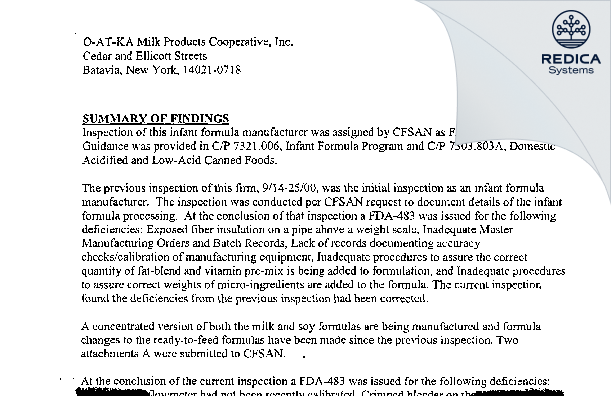 EIR - O-AT-KA Milk Products Cooperative, Inc. [Batavia / United States of America] - Download PDF - Redica Systems