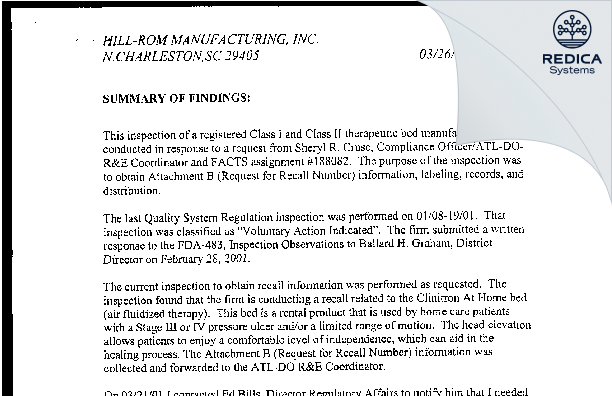 EIR - Hill-Rom Manufacturing, Inc. [Charleston / United States of America] - Download PDF - Redica Systems