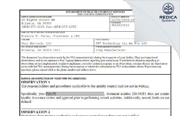 FDA 483 - VERO BIOTECH INC. [Atlanta / United States of America] - Download PDF - Redica Systems