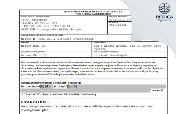 FDA 483 - Milton Hom, OD [Azusa / United States of America] - Download PDF - Redica Systems
