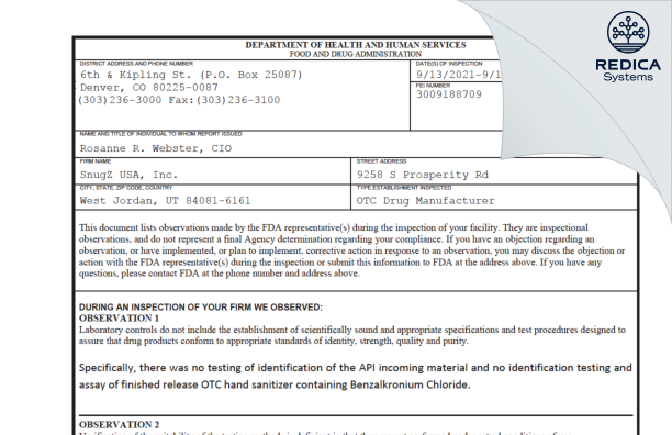 FDA 483 - SnugZ/USA, LLC [West Jordan / United States of America] - Download PDF - Redica Systems