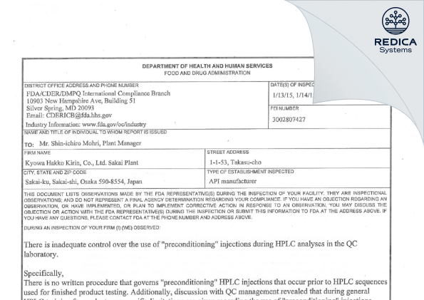 FDA 483 - Kyowa Hakko Kirin Co., Ltd. [Sakaishi / Japan] - Download PDF - Redica Systems