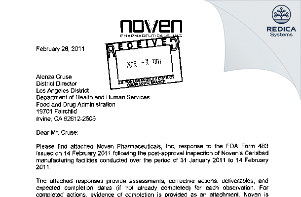 FDA 483 Response - Noven Pharmaceuticals, Inc. [Carlsbad / United States of America] - Download PDF - Redica Systems