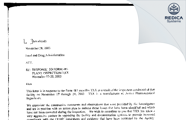 FDA 483 Response - Tianjin Zhong Xin Pharmaceutical [Tianjin / China] - Download PDF - Redica Systems