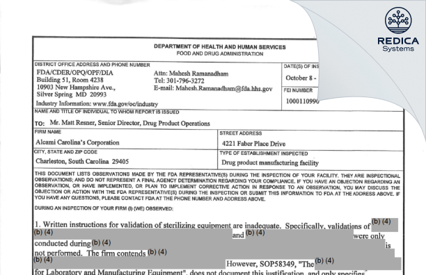 FDA 483 - Alcami Carolinas Corporation [Charleston / United States of America] - Download PDF - Redica Systems
