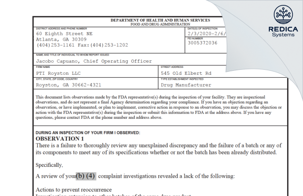 FDA 483 - PTI Royston, LLC [Royston Georgia / United States of America] - Download PDF - Redica Systems