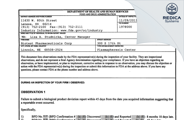 FDA 483 - BPC Plasma, Inc. [Lincoln / United States of America] - Download PDF - Redica Systems