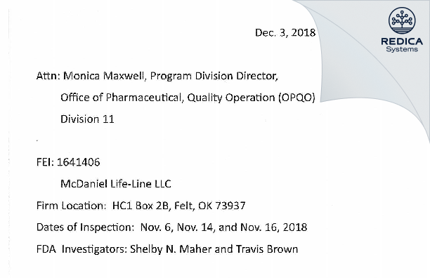 FDA 483 Response - McDaniel Life-Line LLC [Felt / United States of America] - Download PDF - Redica Systems