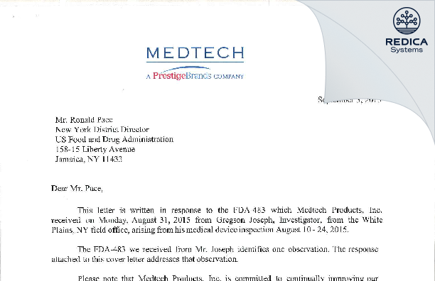 FDA 483 Response - Medtech Products, Inc. [Tarrytown / United States of America] - Download PDF - Redica Systems