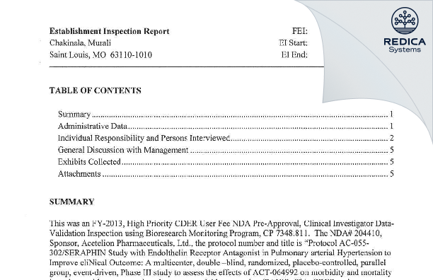 EIR - Chakinala, Dr Murali M [Saint Louis / United States of America] - Download PDF - Redica Systems
