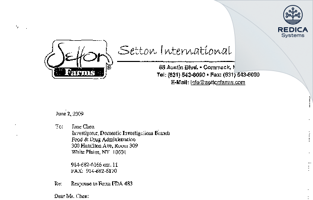 FDA 483 Response - Setton International Foods, Inc. [Commack / United States of America] - Download PDF - Redica Systems