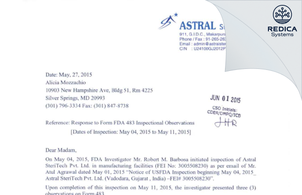 FDA 483 Response - Astral SteriTech Private Limited [India / India] - Download PDF - Redica Systems