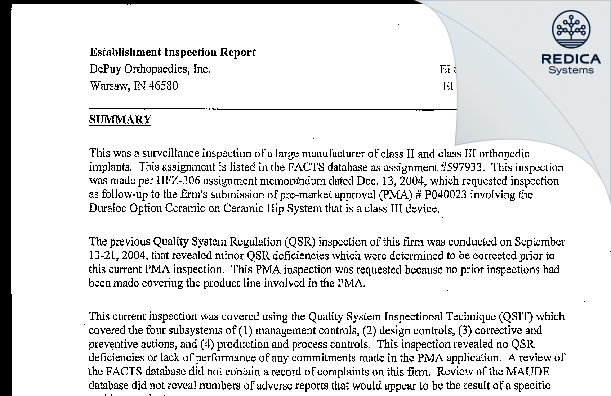 EIR - DePuy Orthopaedics, Inc. [Warsaw / United States of America] - Download PDF - Redica Systems
