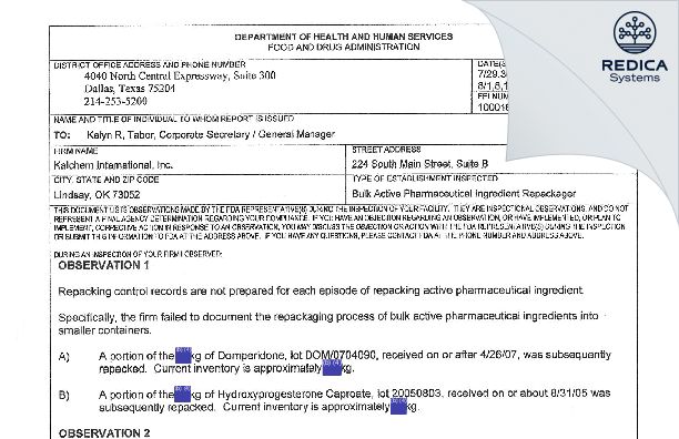 FDA 483 - Kalchem International, Inc. [Lindsay / United States of America] - Download PDF - Redica Systems