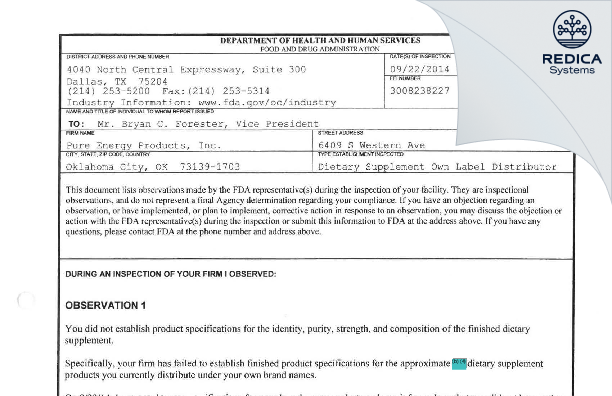 FDA 483 - Pure Energy Products, Inc. [Oklahoma City / United States of America] - Download PDF - Redica Systems