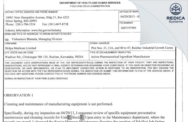 FDA 483 - SHILPA PHARMA LIFESCIENCES LIMITED [India / India] - Download PDF - Redica Systems