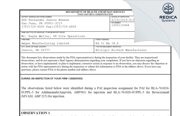 FDA 483 - Amgen Manufacturing Ltd [Rico / United States of America] - Download PDF - Redica Systems