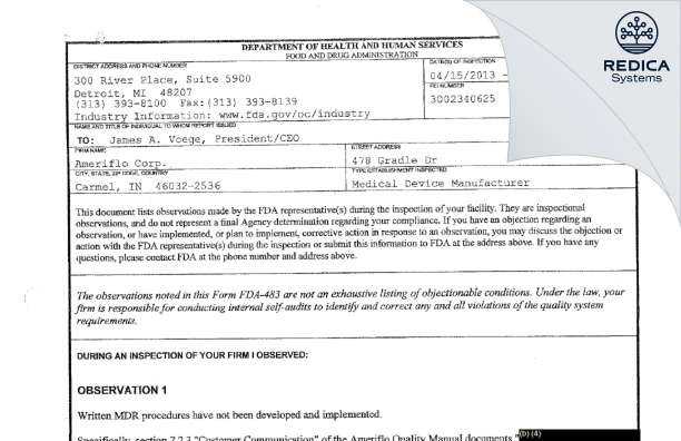 FDA 483 - Ameriflo Corp. [Carmel / United States of America] - Download PDF - Redica Systems