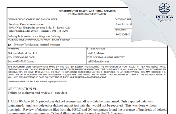 FDA 483 - Sekisui Medical Co., Ltd. [Hachimantai / Japan] - Download PDF - Redica Systems