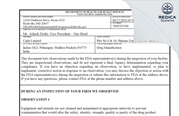 FDA 483 - CIPLA LIMITED [India / India] - Download PDF - Redica Systems