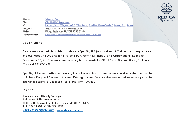 FDA 483 Response - SpecGx LLC [St. Louis / United States of America] - Download PDF - Redica Systems