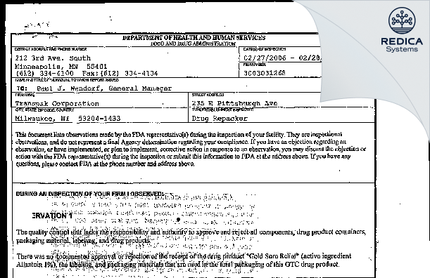 FDA 483 - Transpak Corporation [Franklin / United States of America] - Download PDF - Redica Systems