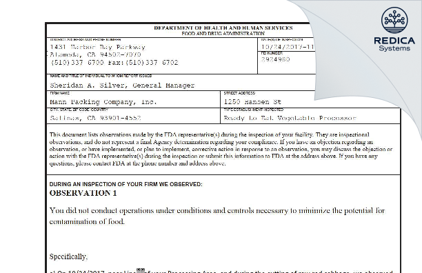 FDA 483 - Mann Packing LLC. [Salinas / United States of America] - Download PDF - Redica Systems