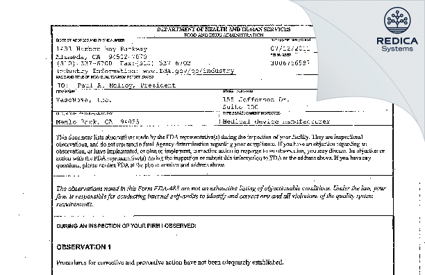FDA 483 - VasoNova, Inc. [Menlo Park / United States of America] - Download PDF - Redica Systems