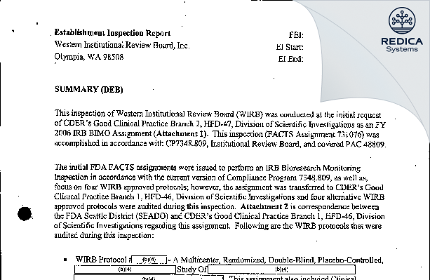 EIR - WCG IRB, Inc [Puyallup / United States of America] - Download PDF - Redica Systems