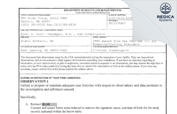 FDA 483 - Roshni Kulkarni, MD [East Lansing / United States of America] - Download PDF - Redica Systems