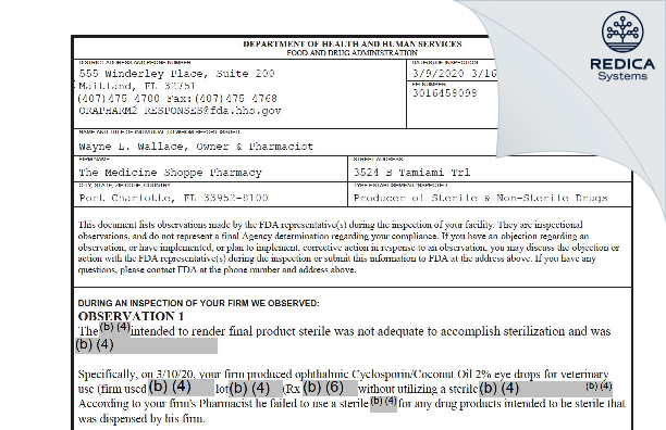 FDA 483 - Walfer Corporation dba Wallace Pharmacy [Port Charlotte / United States of America] - Download PDF - Redica Systems