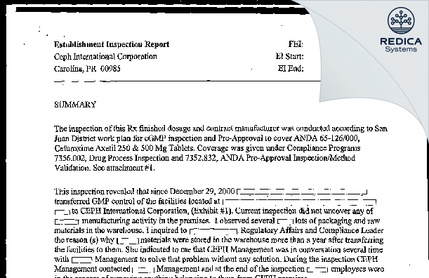 EIR - CEPH International Corporation [Carolina / United States of America] - Download PDF - Redica Systems