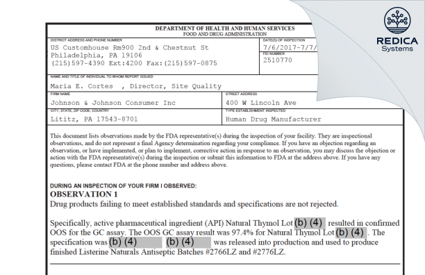 FDA 483 - Johnson & Johnson Consumer Inc. [Lititz Pennsylvania / United States of America] - Download PDF - Redica Systems