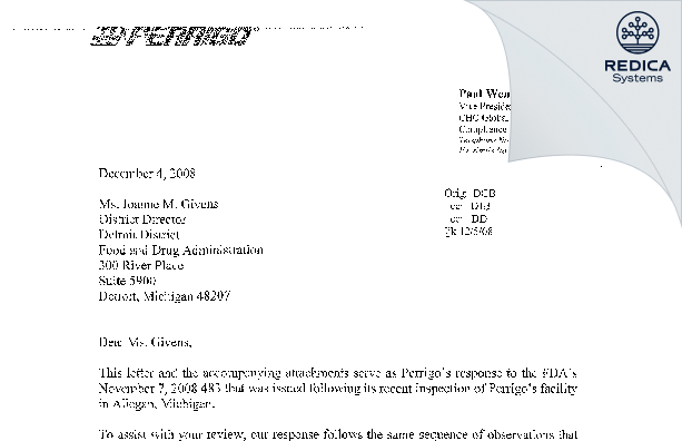 FDA 483 Response - L. Perrigo Company [Michigan / United States of America] - Download PDF - Redica Systems